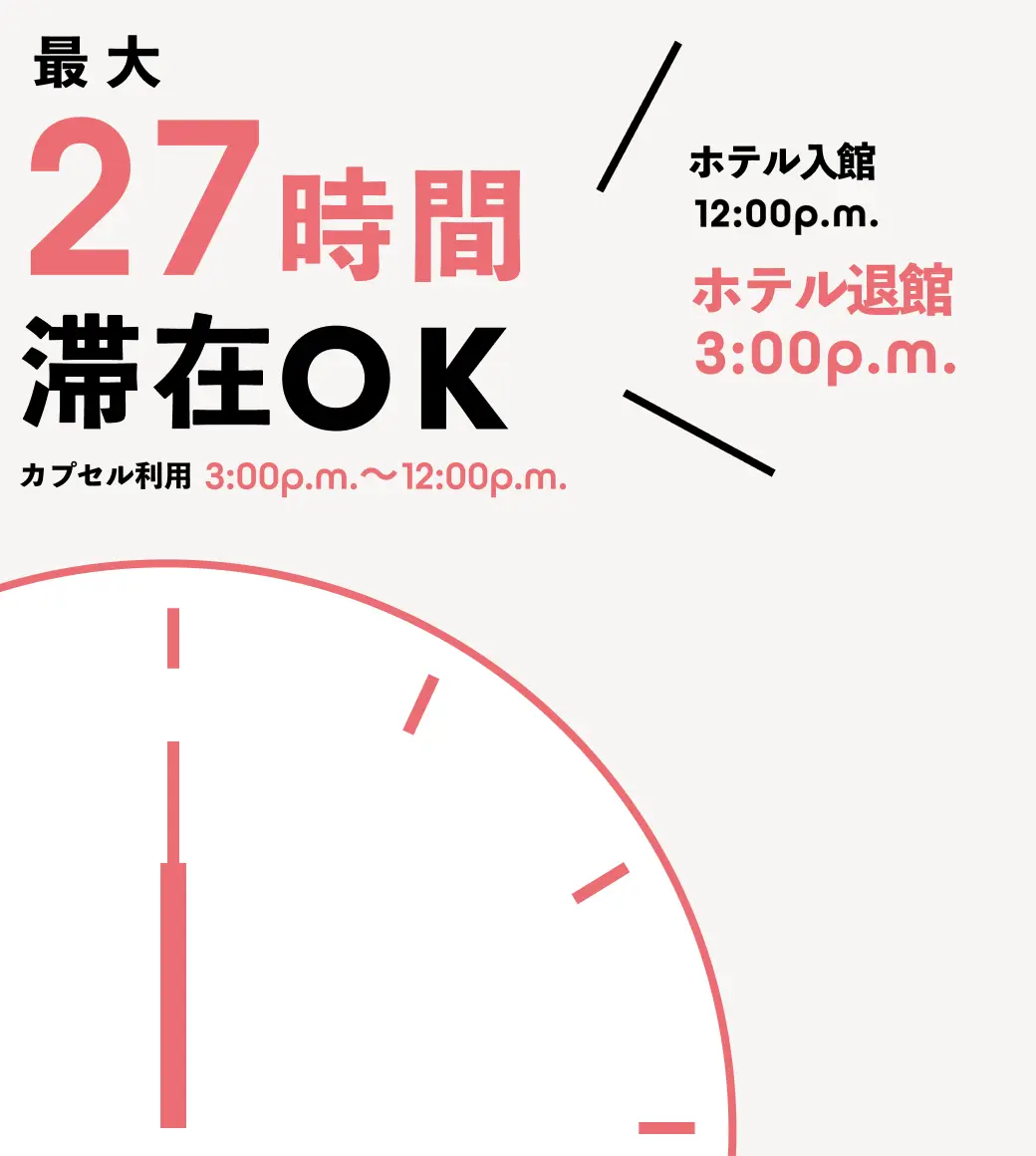 最大27時間滞在OK チェックイン12:00p.m. チェックアウト3:00p.m.